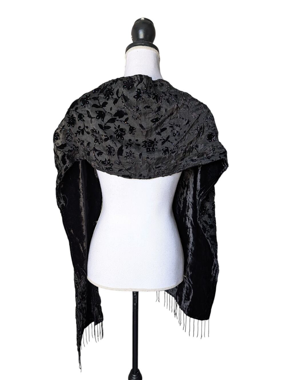 Vintage Black Velvet Beaded Burnout Floral Scarf Shawl Wrap Fringe Goth Witchy